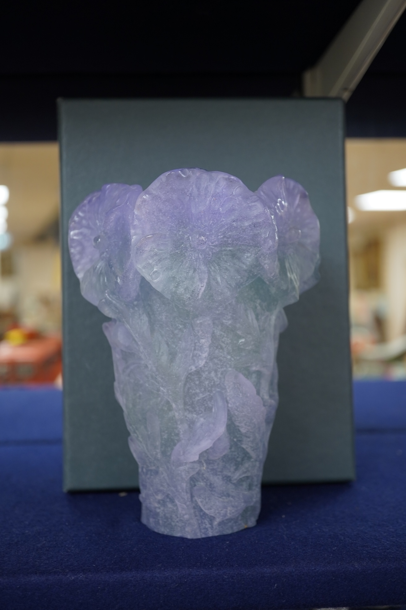 A modern Daum pate-de-verre Poppy lavender vase, boxed, 17cm high